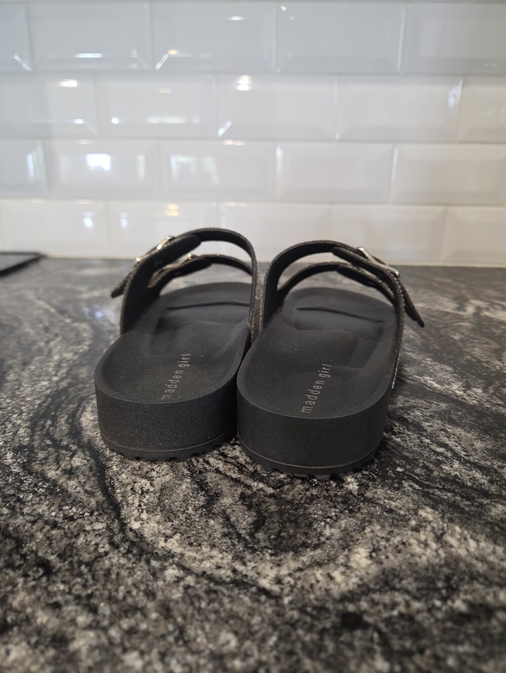 Madden Girl Black Slides with Rhinestone Buckles - Picture 6 of 7